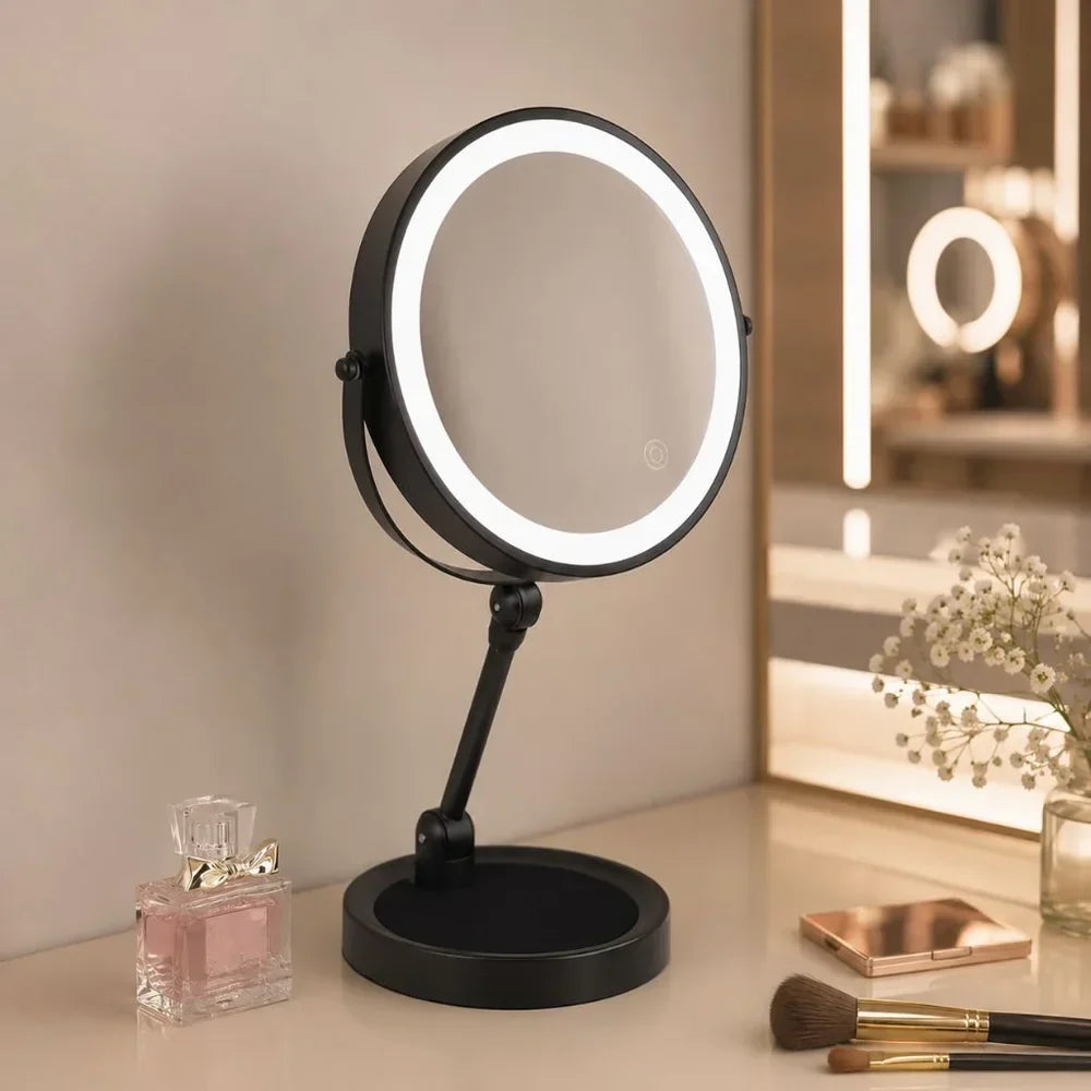 Dual-Sided Vanity Mirror 10x Magnification LED Rechargeable Touch Control Tabletop Cosmetic Mirror 360° Rotating Desktop for Makeup
