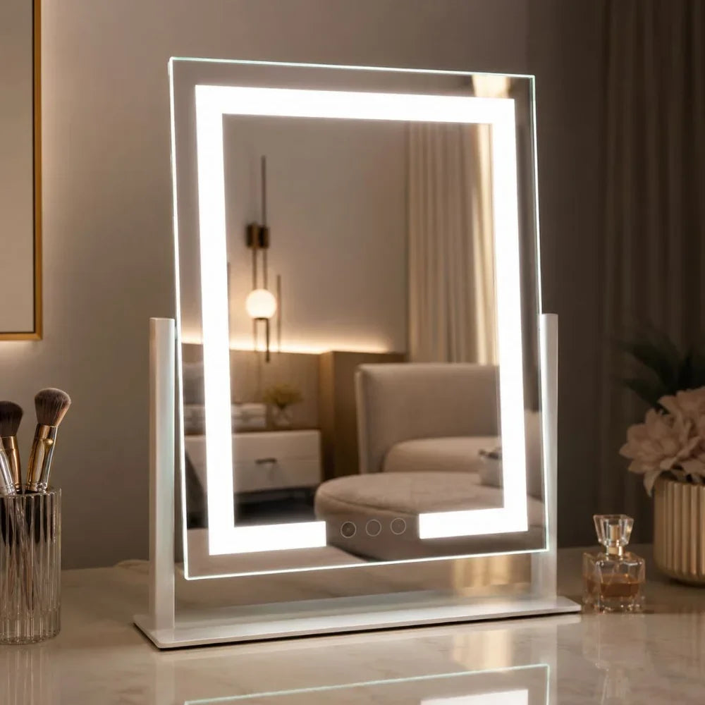 Espejo de maquillaje de sobremesa con control táctil, tres modos de luz y aumento 15x extraíble para una aplicación de belleza precisa