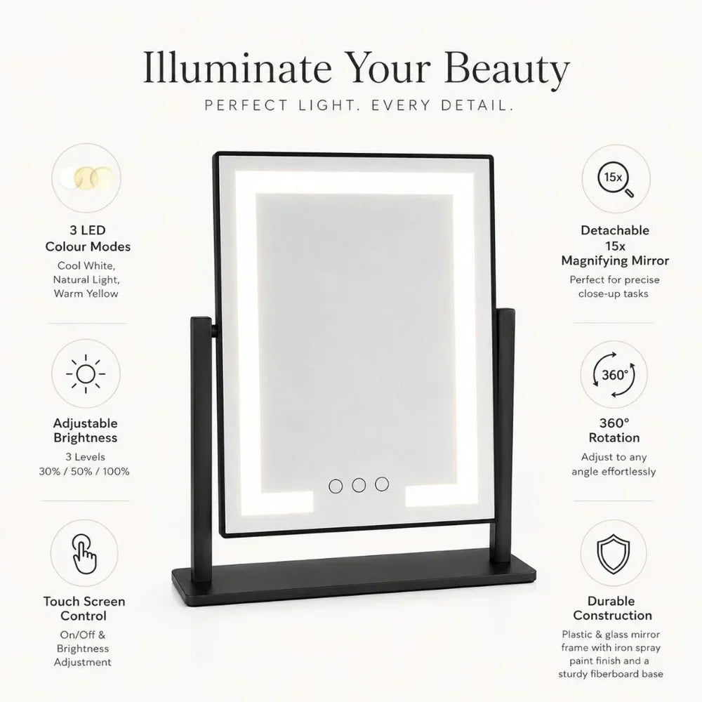 Espejo de maquillaje de sobremesa con control táctil, tres modos de luz y aumento 15x extraíble para una aplicación de belleza precisa