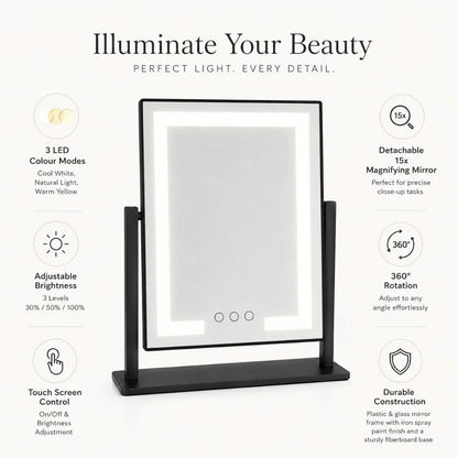 Espejo de maquillaje de sobremesa con control táctil, tres modos de luz y aumento 15x extraíble para una aplicación de belleza precisa