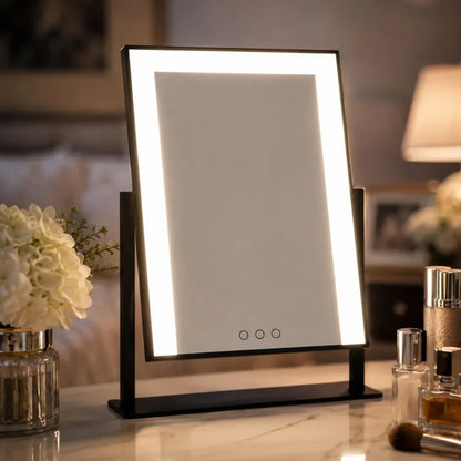 Espejo de maquillaje de sobremesa con control táctil, tres modos de luz y aumento 15x extraíble para una aplicación de belleza precisa