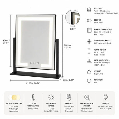 Espejo de maquillaje de sobremesa con control táctil, tres modos de luz y aumento 15x extraíble para una aplicación de belleza precisa