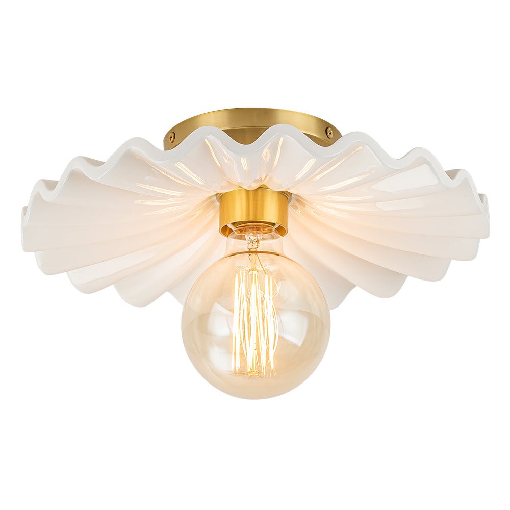 Textured Ceramic Semi-Flush Mount Light 12 Inch Cream with Brass Accent for Low Ceilings Bedroom Hallway Bathroom Dimmable E26 Socket Retro