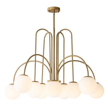 Ten-Globe Adjustable Chandelier 38.6 in Wide Frosted Glass Spheres Black Brass Chrome Modern Dining Room Foyer Statement Lighting Mid-Centur