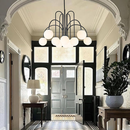 Ten-Globe Adjustable Chandelier 38.6 in Wide Frosted Glass Spheres Black Brass Chrome Modern Dining Room Foyer Statement Lighting Mid-Centur