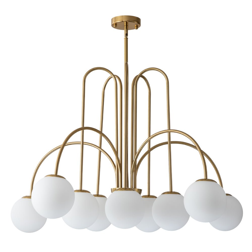 Ten-Globe Adjustable Chandelier 38.6 in Wide Frosted Glass Spheres Black Brass Chrome Modern Dining Room Foyer Statement Lighting Mid-Centur