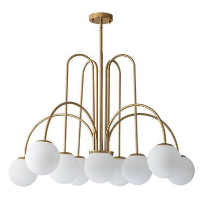 Ten-Globe Adjustable Chandelier 38.6 in Wide Frosted Glass Spheres Black Brass Chrome Modern Dining Room Foyer Statement Lighting Mid-Centur