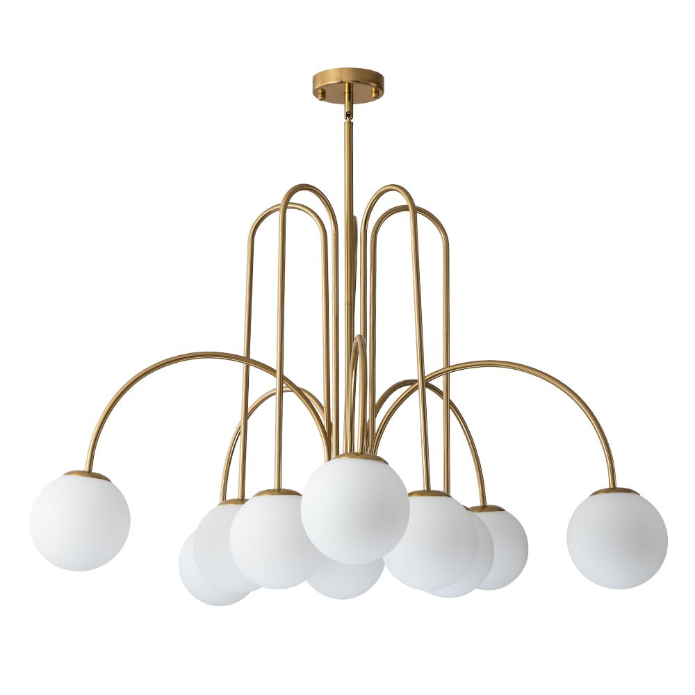 Ten-Globe Adjustable Chandelier 38.6 in Wide Frosted Glass Spheres Black Brass Chrome Modern Dining Room Foyer Statement Lighting Mid-Centur
