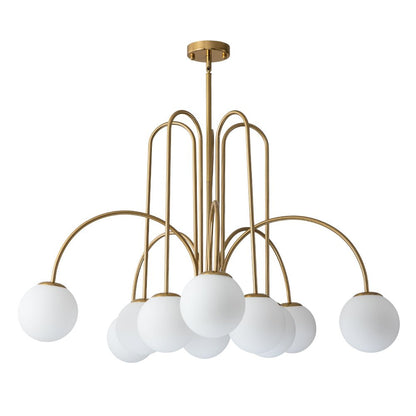 Ten-Globe Adjustable Chandelier 38.6 in Wide Frosted Glass Spheres Black Brass Chrome Modern Dining Room Foyer Statement Lighting Mid-Centur