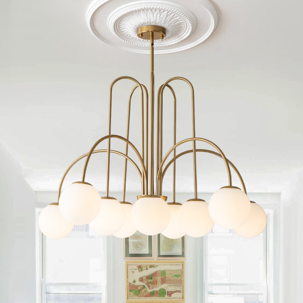 Ten-Globe Adjustable Chandelier 38.6 in Wide Frosted Glass Spheres Black Brass Chrome Modern Dining Room Foyer Statement Lighting Mid-Centur