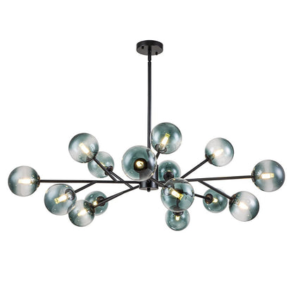 Mid-Century Modern Chandelier with 15 Blue Glass Orbs on Branching Arms for Dining Room & Living Room