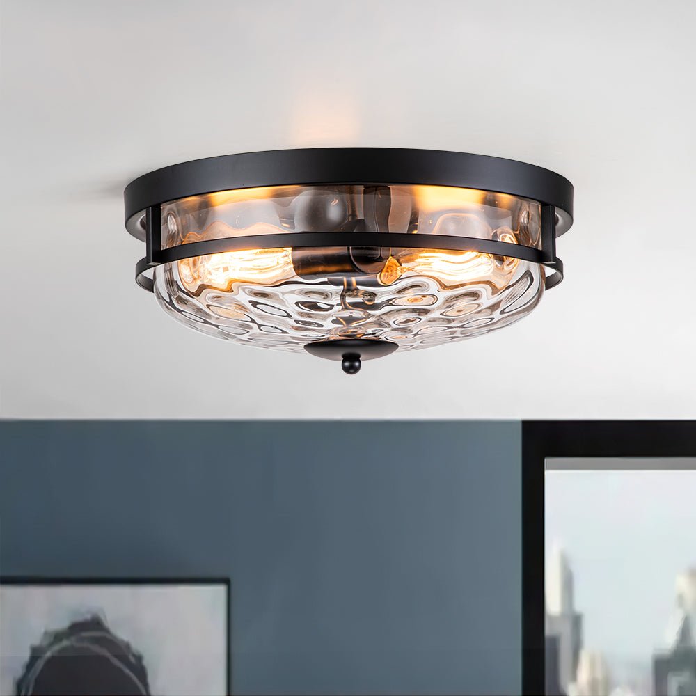 Textured Glass Flush Mount Fixture 13 in Round Two-Bulb Overhead Lighting for Bedrooms Entryways Low-Profile Farmhouse Style
