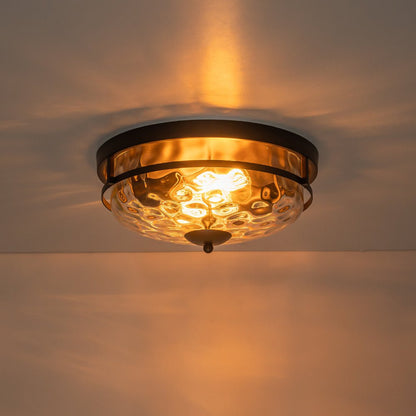Textured Glass Flush Mount Fixture 13 in Round Two-Bulb Overhead Lighting for Bedrooms Entryways Low-Profile Farmhouse Style