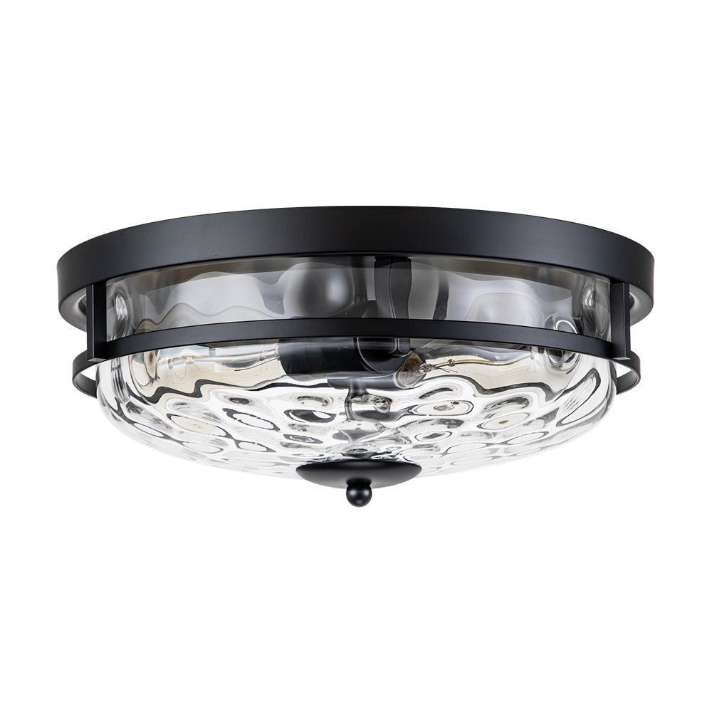 Textured Glass Flush Mount Fixture 13 in Round Two-Bulb Overhead Lighting for Bedrooms Entryways Low-Profile Farmhouse Style