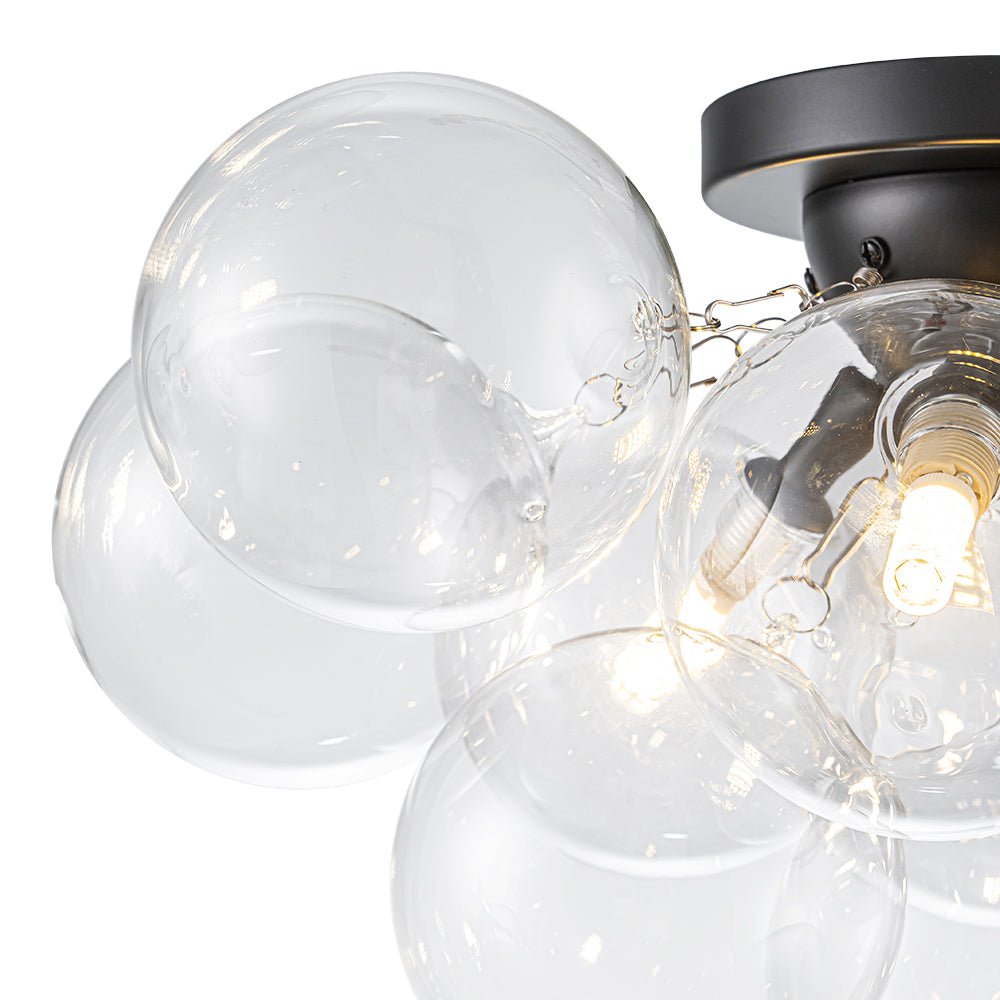 Clear Glass Globe Semi-Flush Ceiling Light, 3-Bulb Brushed Metal Cluster Fixture for Dining Room, Bedroom, Entryway, Bathroom