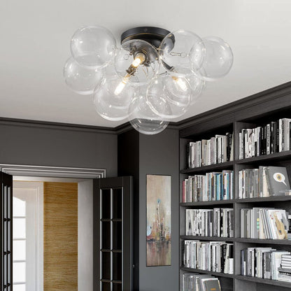 Clear Glass Globe Semi-Flush Ceiling Light, 3-Bulb Brushed Metal Cluster Fixture for Dining Room, Bedroom, Entryway, Bathroom