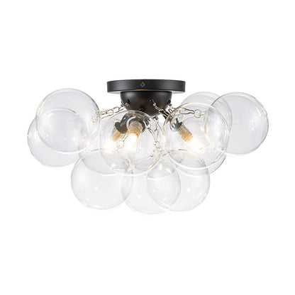 Clear Glass Globe Semi-Flush Ceiling Light, 3-Bulb Brushed Metal Cluster Fixture for Dining Room, Bedroom, Entryway, Bathroom