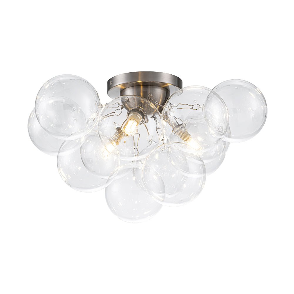 Clear Glass Globe Semi-Flush Ceiling Light, 3-Bulb Brushed Metal Cluster Fixture for Dining Room, Bedroom, Entryway, Bathroom