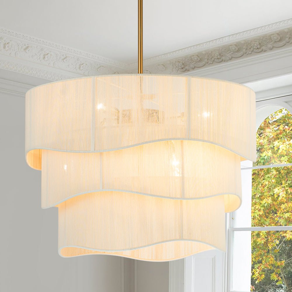 Bohemian 6-Light Tiered Chandelier with Hand-Woven Shade | Adjustable Drum Fixture for Dining Room & Entryway | Hardwired Candelabra Brass