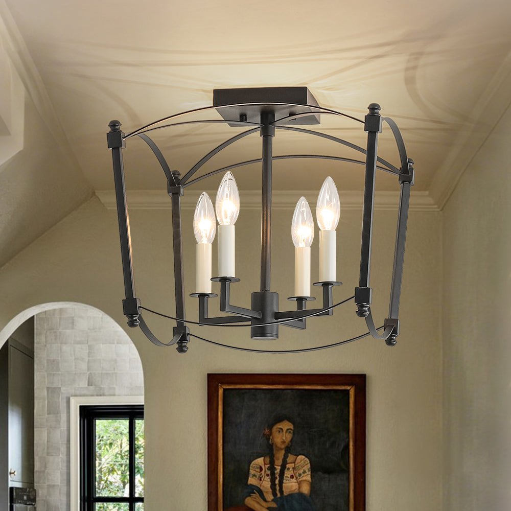Square Cage Ceiling Light with Arched Frame & Candelabra Sockets for Entryway, Kitchen, Bedroom | Vintage Industrial Design