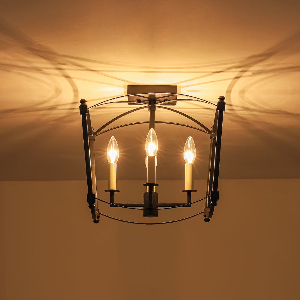 Square Cage Ceiling Light with Arched Frame & Candelabra Sockets for Entryway, Kitchen, Bedroom | Vintage Industrial Design