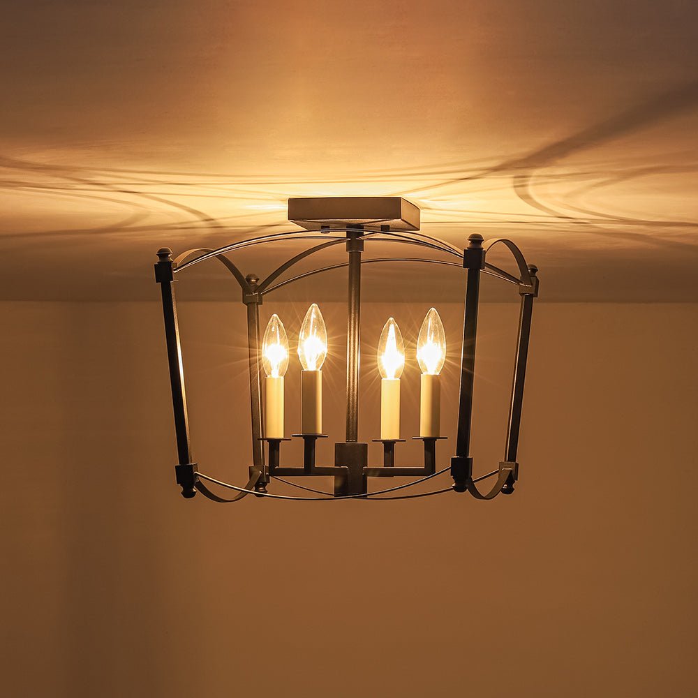 Square Cage Ceiling Light with Arched Frame & Candelabra Sockets for Entryway, Kitchen, Bedroom | Vintage Industrial Design