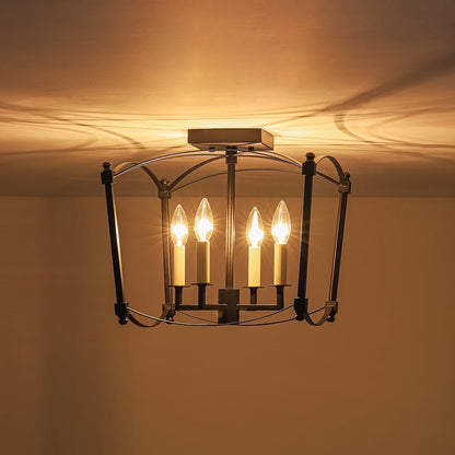 Square Cage Ceiling Light with Arched Frame & Candelabra Sockets for Entryway, Kitchen, Bedroom | Vintage Industrial Design