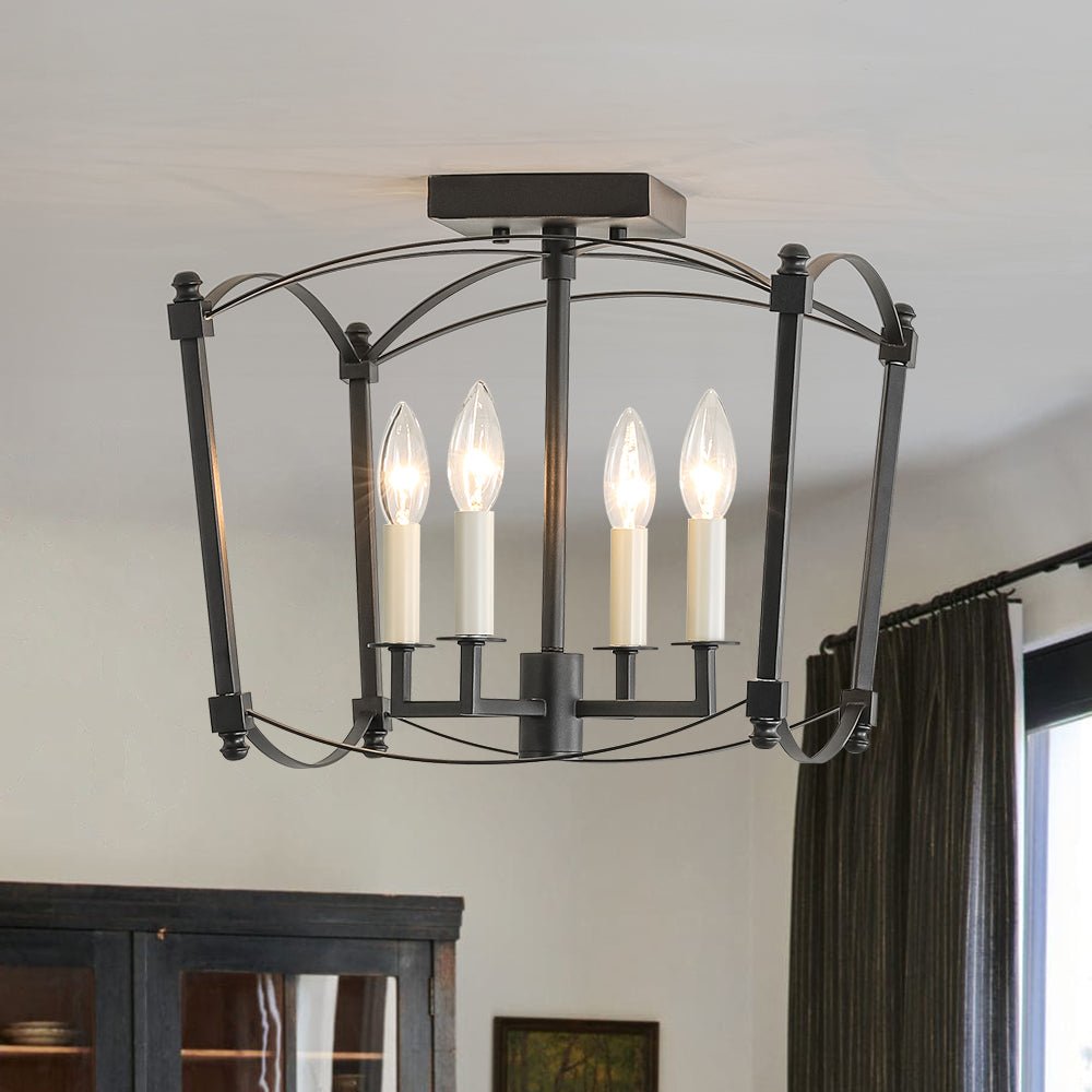 Square Cage Ceiling Light with Arched Frame & Candelabra Sockets for Entryway, Kitchen, Bedroom | Vintage Industrial Design