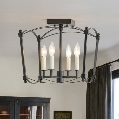 Square Cage Ceiling Light with Arched Frame & Candelabra Sockets for Entryway, Kitchen, Bedroom | Vintage Industrial Design