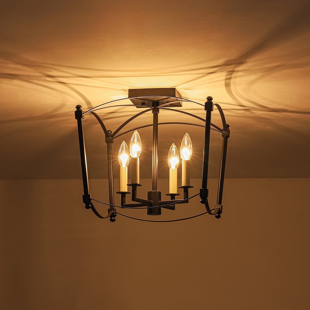 Square Cage Ceiling Light with Arched Frame & Candelabra Sockets for Entryway, Kitchen, Bedroom | Vintage Industrial Design