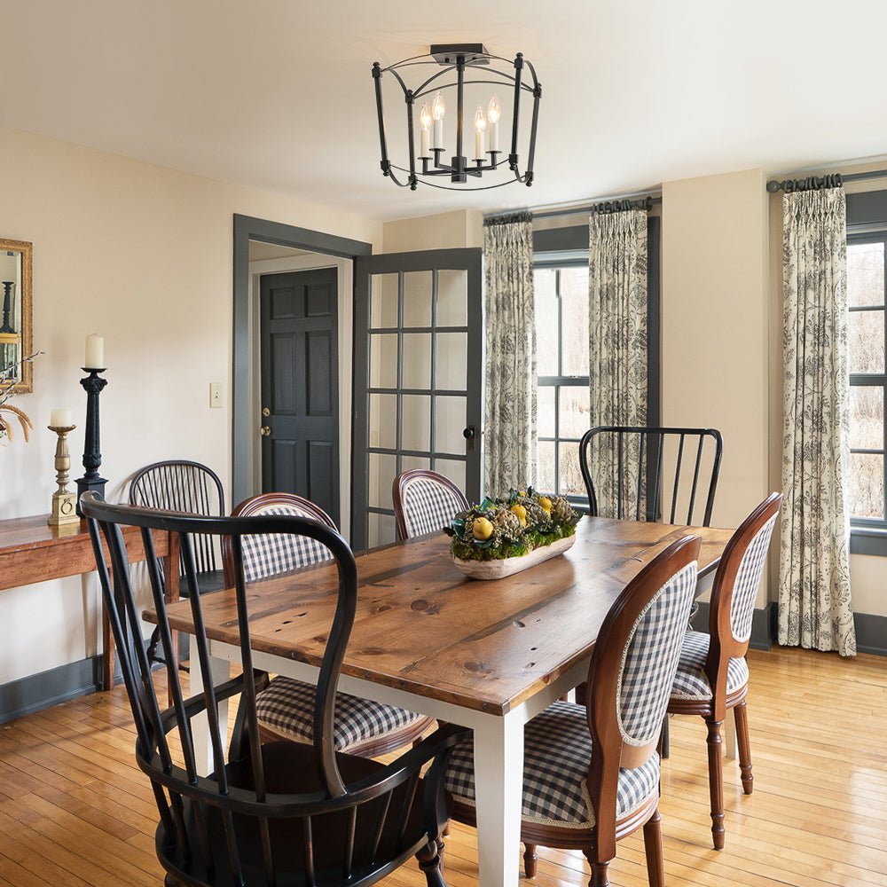 Square Cage Ceiling Light with Arched Frame & Candelabra Sockets for Entryway, Kitchen, Bedroom | Vintage Industrial Design