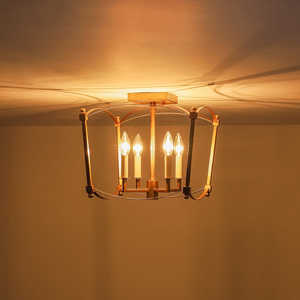 Square Cage Ceiling Light with Arched Frame & Candelabra Sockets for Entryway, Kitchen, Bedroom | Vintage Industrial Design