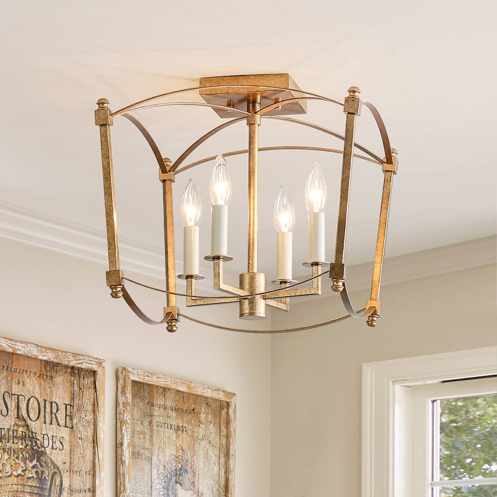 Square Cage Ceiling Light with Arched Frame & Candelabra Sockets for Entryway, Kitchen, Bedroom | Vintage Industrial Design