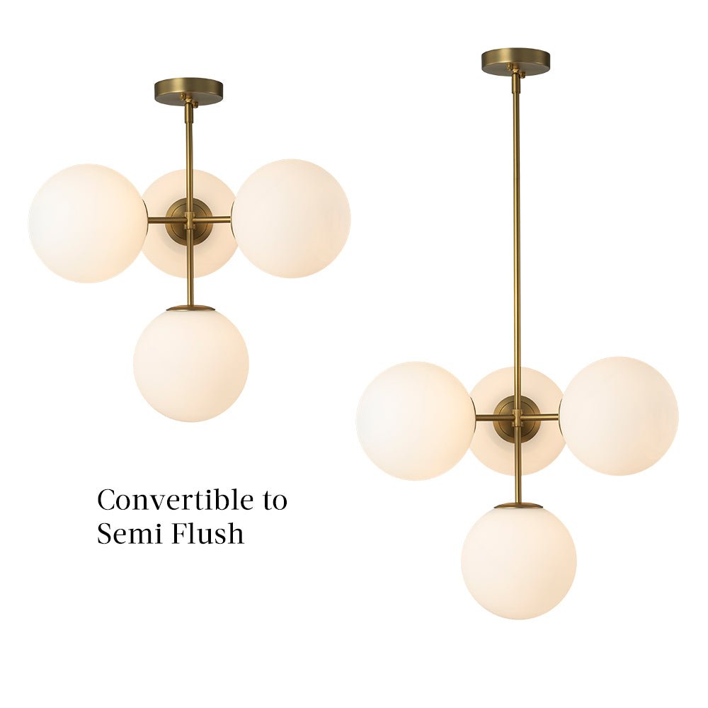 Four-Globe Frosted Glass Chandelier 24 in Brass or Black for Dining Table Kitchen Island Mid-Century Modern Adjustable Ceiling Light Fixture
