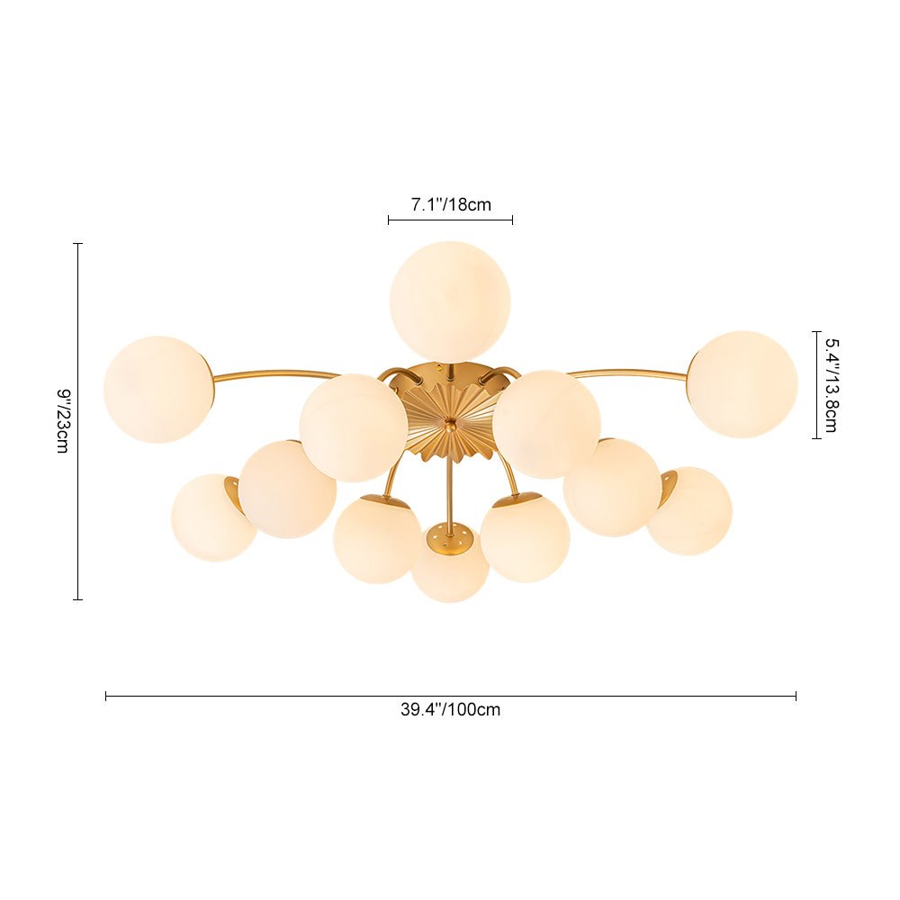 Frosted Globe Semi Flush Ceiling Light 12-Arm Brass Starburst Chandelier for Dining Room Mid Century Modern