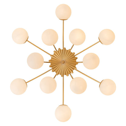 Frosted Globe Semi Flush Ceiling Light 12-Arm Brass Starburst Chandelier for Dining Room Mid Century Modern