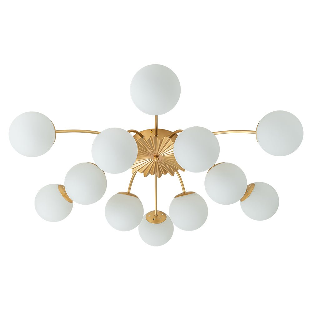 Frosted Globe Semi Flush Ceiling Light 12-Arm Brass Starburst Chandelier for Dining Room Mid Century Modern