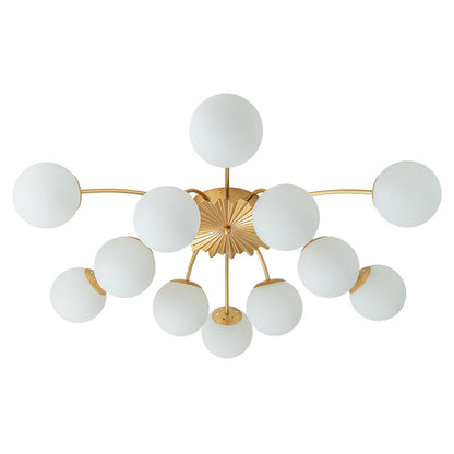 Frosted Globe Semi Flush Ceiling Light 12-Arm Brass Starburst Chandelier for Dining Room Mid Century Modern