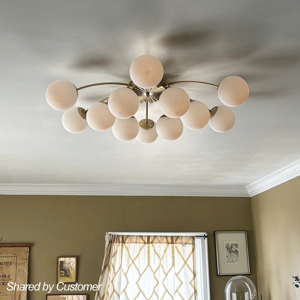 Frosted Globe Semi Flush Ceiling Light 12-Arm Brass Starburst Chandelier for Dining Room Mid Century Modern
