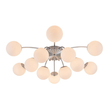 Frosted Globe Semi Flush Ceiling Light 12-Arm Brass Starburst Chandelier for Dining Room Mid Century Modern