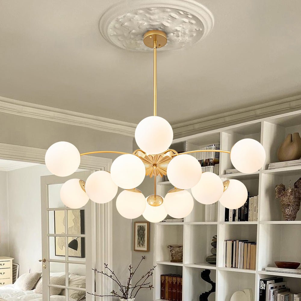 Frosted Globe Semi Flush Ceiling Light 12-Arm Brass Starburst Chandelier for Dining Room Mid Century Modern
