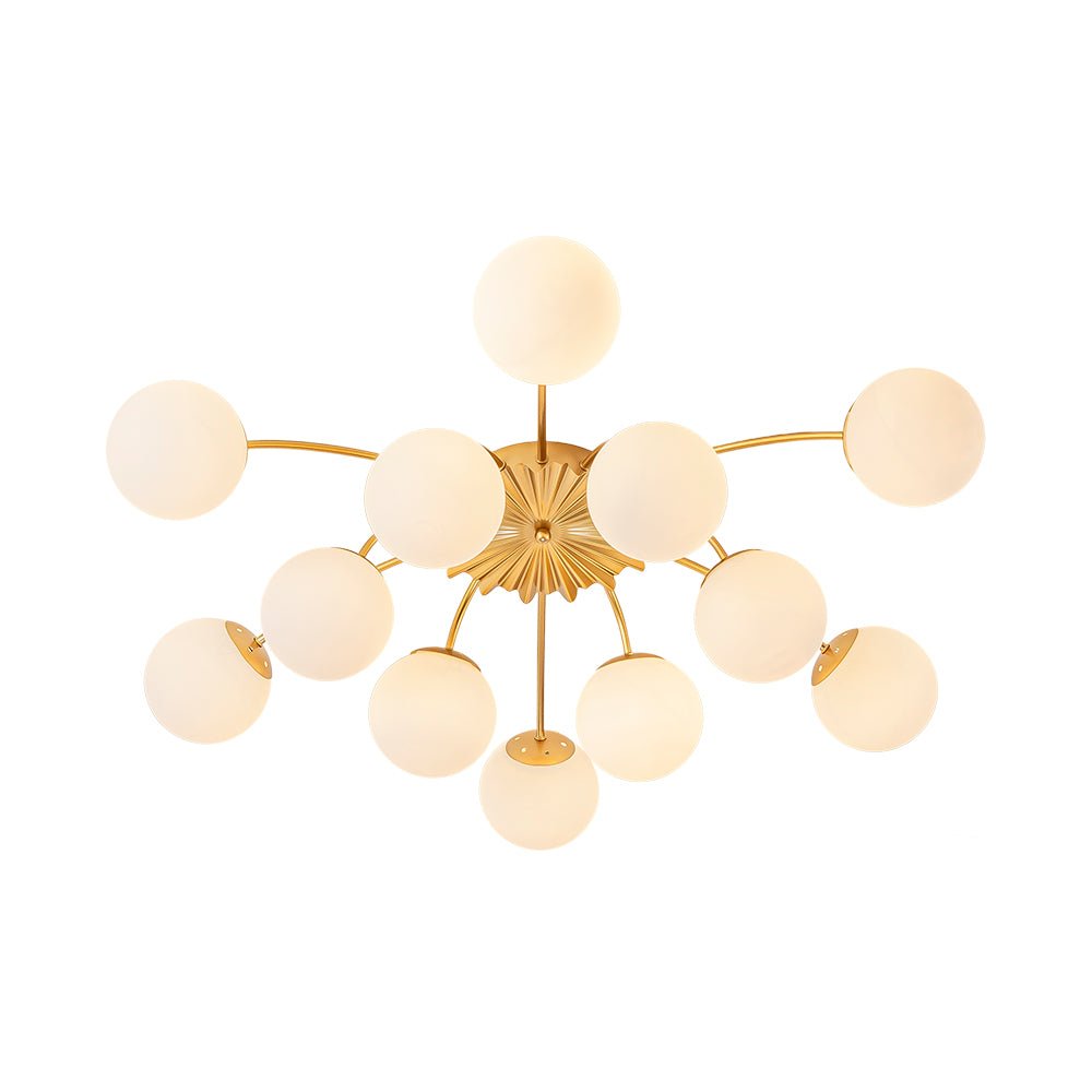 Frosted Globe Semi Flush Ceiling Light 12-Arm Brass Starburst Chandelier for Dining Room Mid Century Modern