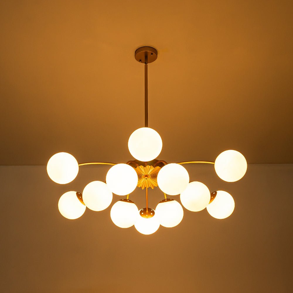 Frosted Globe Semi Flush Ceiling Light 12-Arm Brass Starburst Chandelier for Dining Room Mid Century Modern