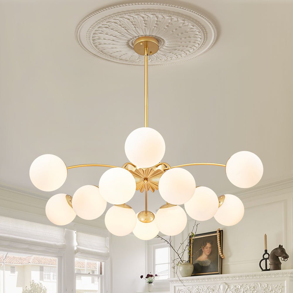 Frosted Globe Semi Flush Ceiling Light 12-Arm Brass Starburst Chandelier for Dining Room Mid Century Modern
