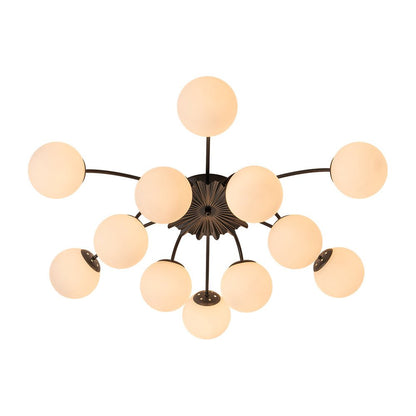 Frosted Globe Semi Flush Ceiling Light 12-Arm Brass Starburst Chandelier for Dining Room Mid Century Modern