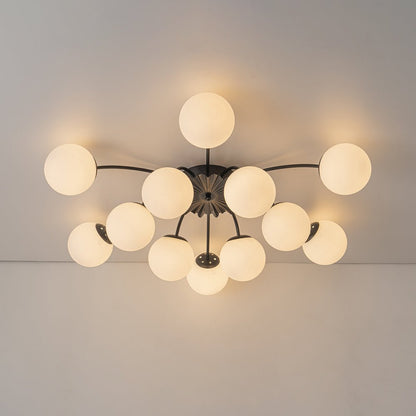 Frosted Globe Semi Flush Ceiling Light 12-Arm Brass Starburst Chandelier for Dining Room Mid Century Modern