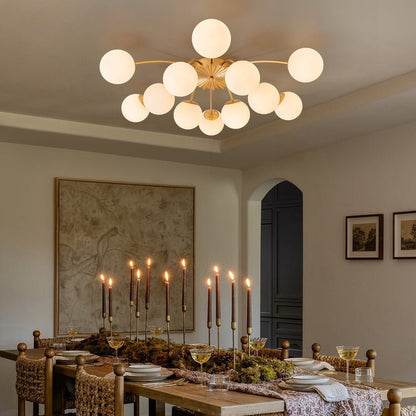 Frosted Globe Semi Flush Ceiling Light 12-Arm Brass Starburst Chandelier for Dining Room Mid Century Modern