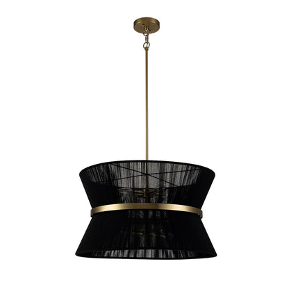 Woven Cotton Rope Drum Chandelier with Adjustable Height – 24 in Brushed Brass Fixture for Kitchen Island, Dining Table & Modern Farmhouse I