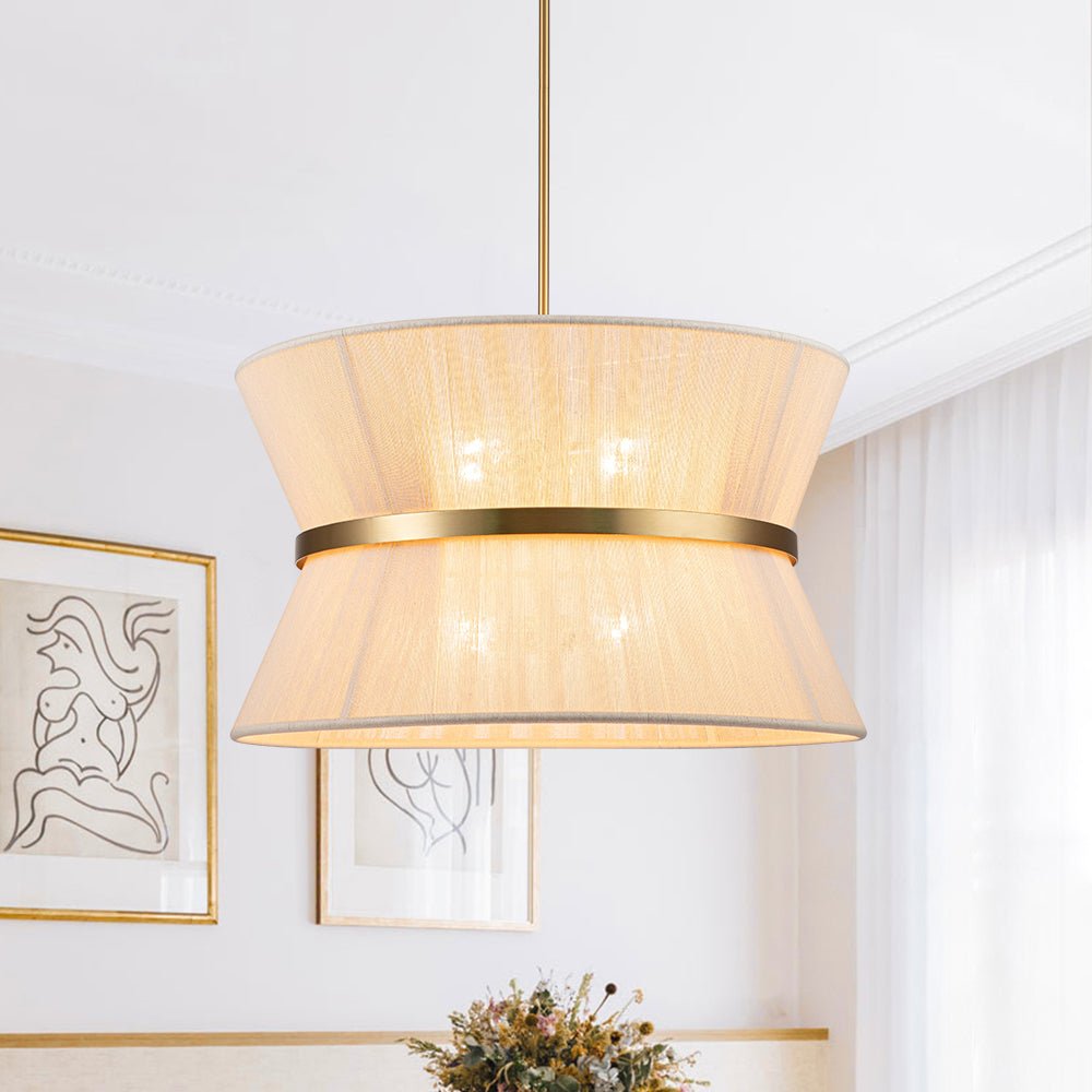 Woven Cotton Rope Drum Chandelier with Adjustable Height – 24 in Brushed Brass Fixture for Kitchen Island, Dining Table & Modern Farmhouse I