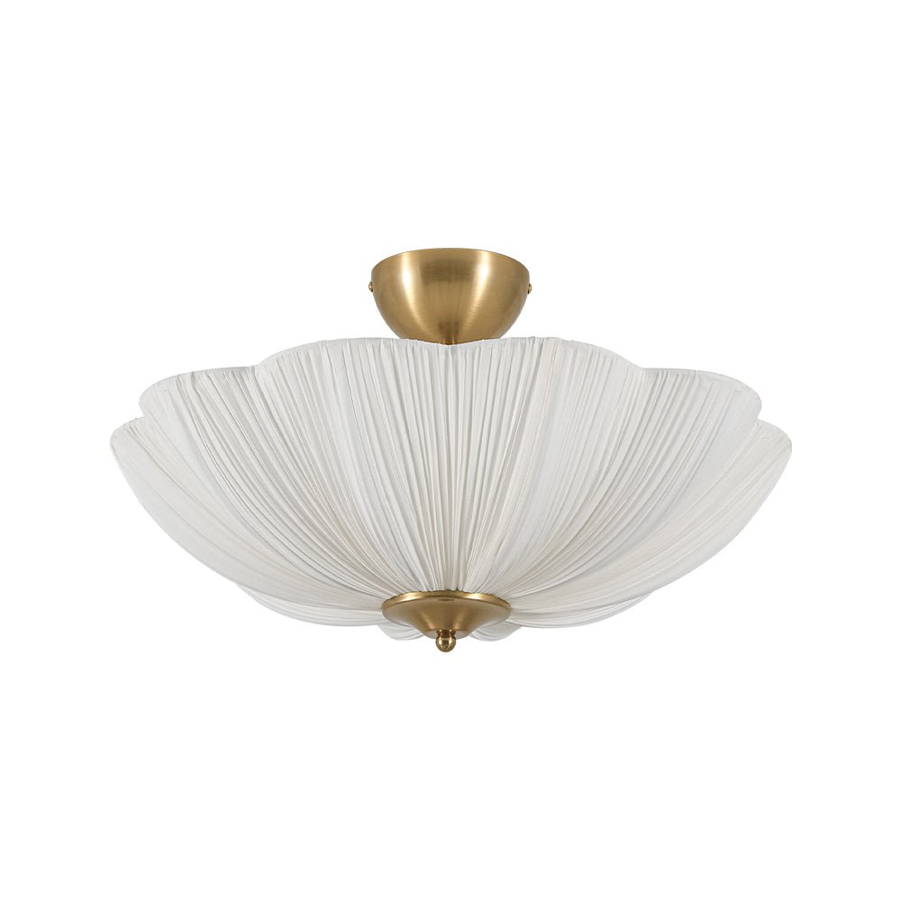 Three-Light Ceiling Lamp with Gathered Fabric Dome and Brass Accents